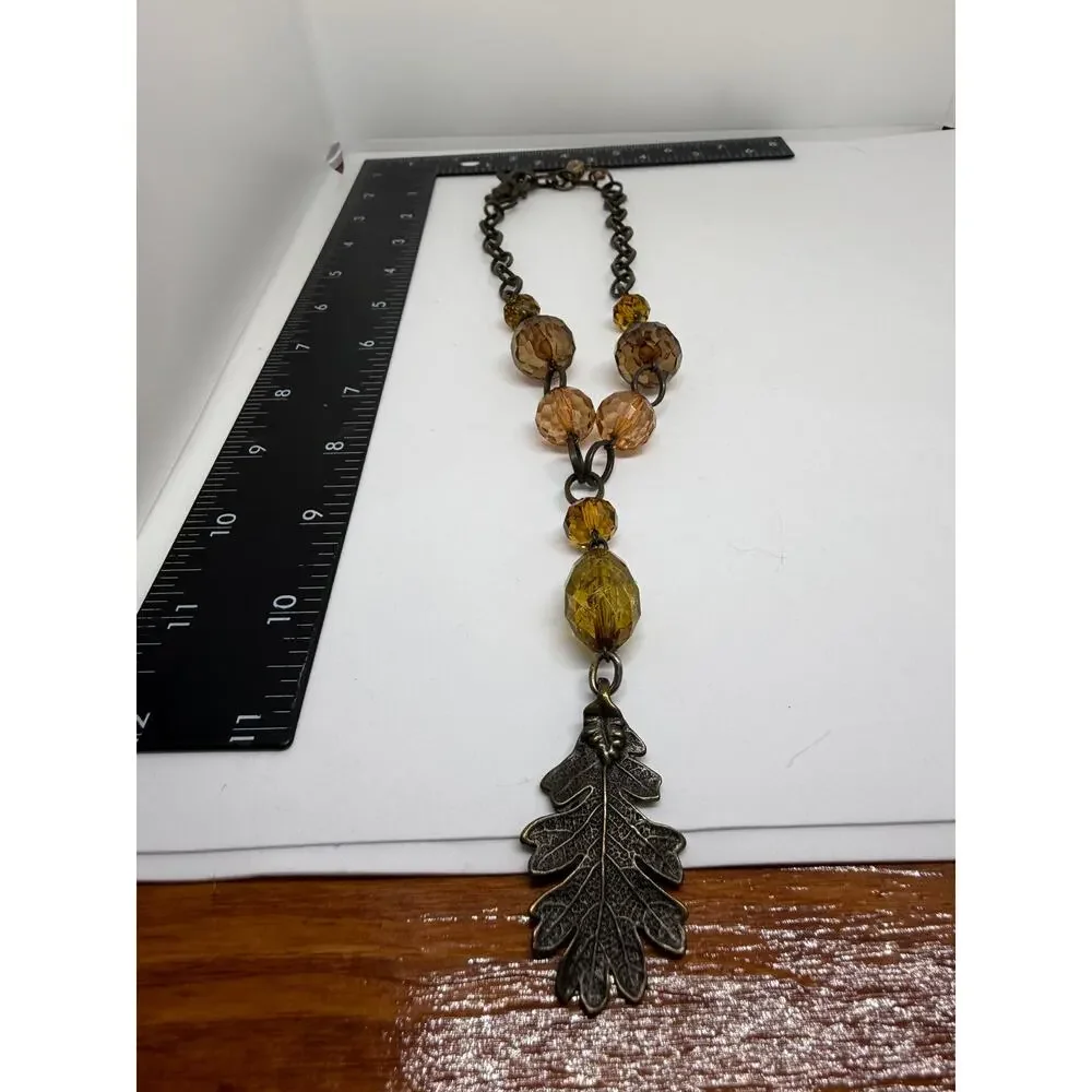 Oak Leaf Pendant Necklace Amber Faceted Beads Bronze Tone Boho Fall Statement